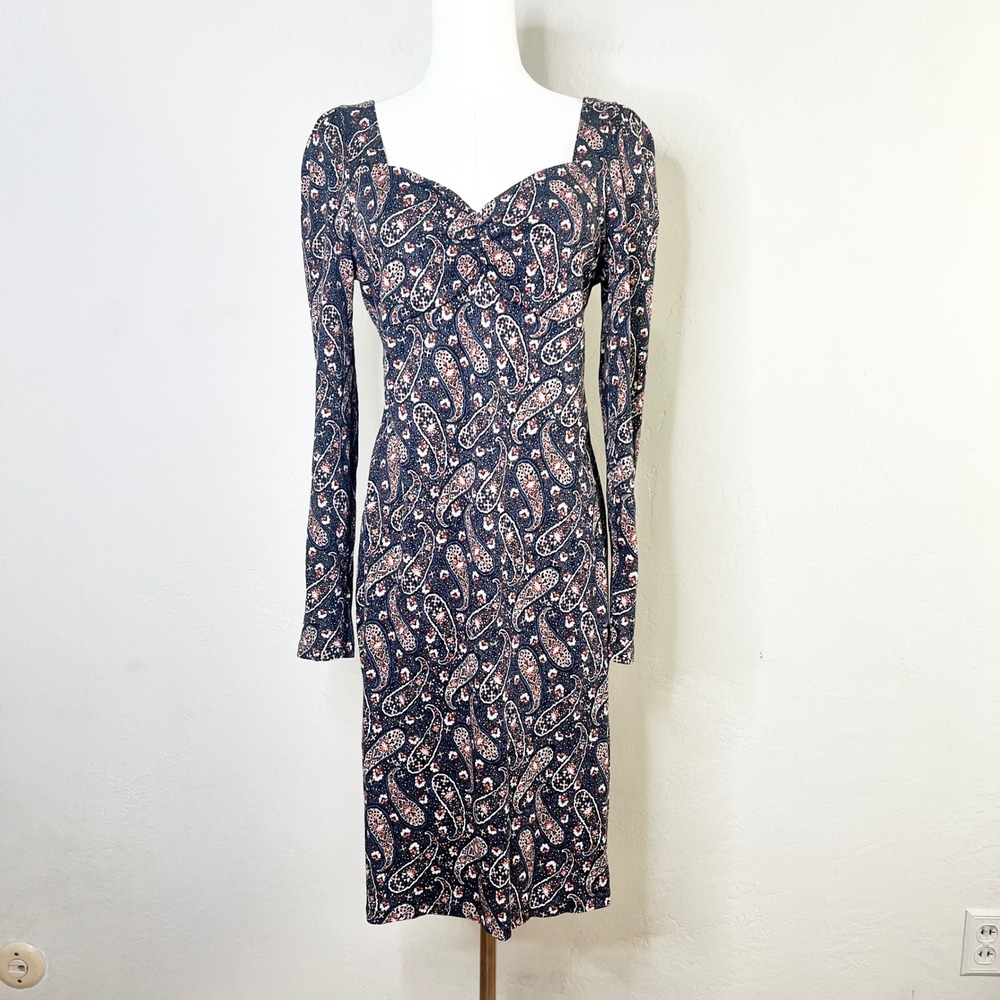 Boden Dress Paisley Long Sleeve Sheath Sz 10L Navy Blue‎ Cotton Modal Sweetheart